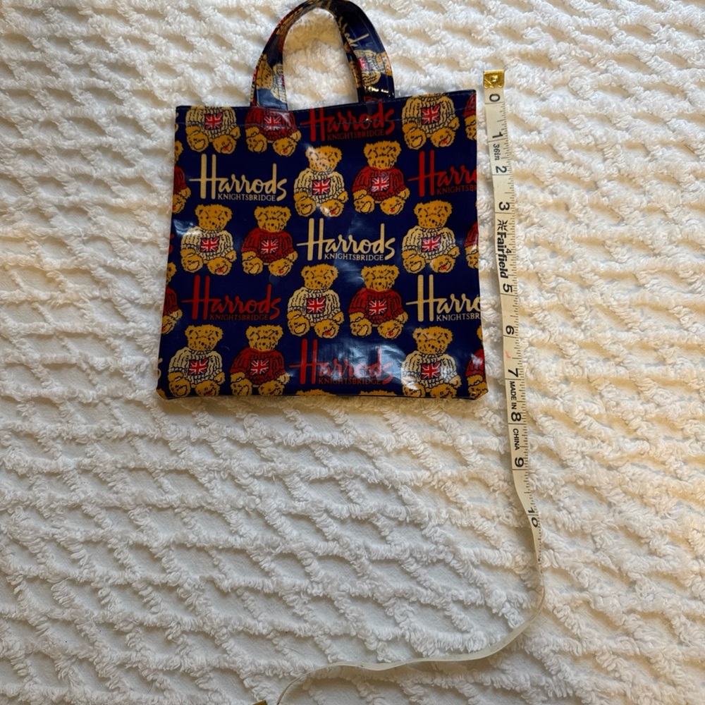 Vintage Harrods Teddy Bear London Small Tote Bag 7.5” By 7.5” PVC Coated Cotton